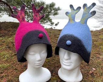 Felted Sauna Hat, Fun Deer Antler Hat, Red Moose Hat, Wool Reindeer Hat