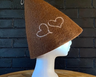 Felted Wool Brown Sauna Hat with Hearts