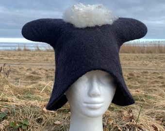 Sauna Hat with Horns: Felted Black Sheep Earflap Hat
