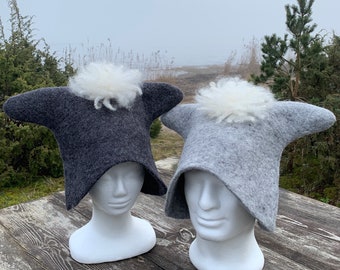 Felted Sauna Hat with Horns, Felted Earflap Hat, Wool Horns Hat, Fun Sheep Hat