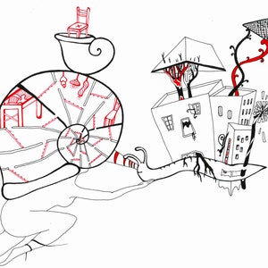May include: A black and white line drawing of a snail carrying a house with a red roof and a chair on top. The house has a window and a door. The snail is crawling on a branch with roots. There is a red flower growing out of the house.
