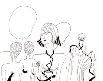 May include: Black and white line drawing of four figures with abstract shapes and lines. The figures have large heads and no bodies. The drawing is stylized and abstract.