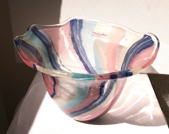 Glasschale signiert Vera Walther, Vintage Glaskunst Sammlerstück, Schale Glas marmoriert rosa blau