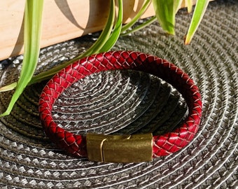 Bracelet en cuir tressé plat marron acajou pour homme