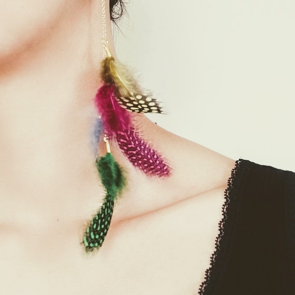 Boucle d'oreille unique, plumes multicolores