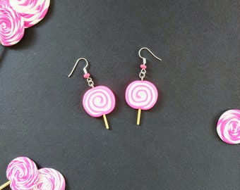 Dangling pink and white Fimo lollipop earrings