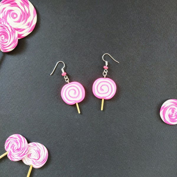 Dangling pink and white Fimo lollipop earrings