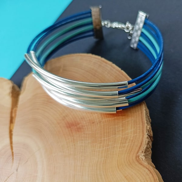 Bracelet cuir multi-rangs pour femme bracelet liens bleus et perles métal