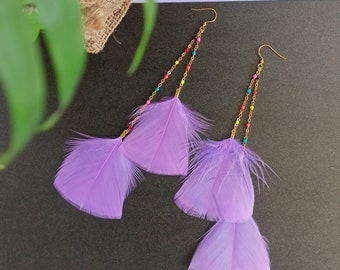 Boucles d'oreilles plume pour femme, plumes violettes chaînettes multicolore
