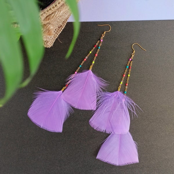 Boucles d'oreilles plume pour femme, plumes violettes chaînettes multicolore