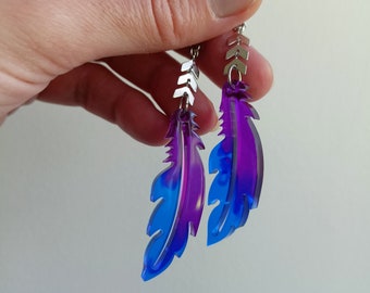 Resin feather earrings in gradient colors for women
