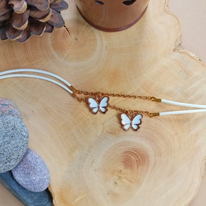 White leather bracelet for women, butterfly charms