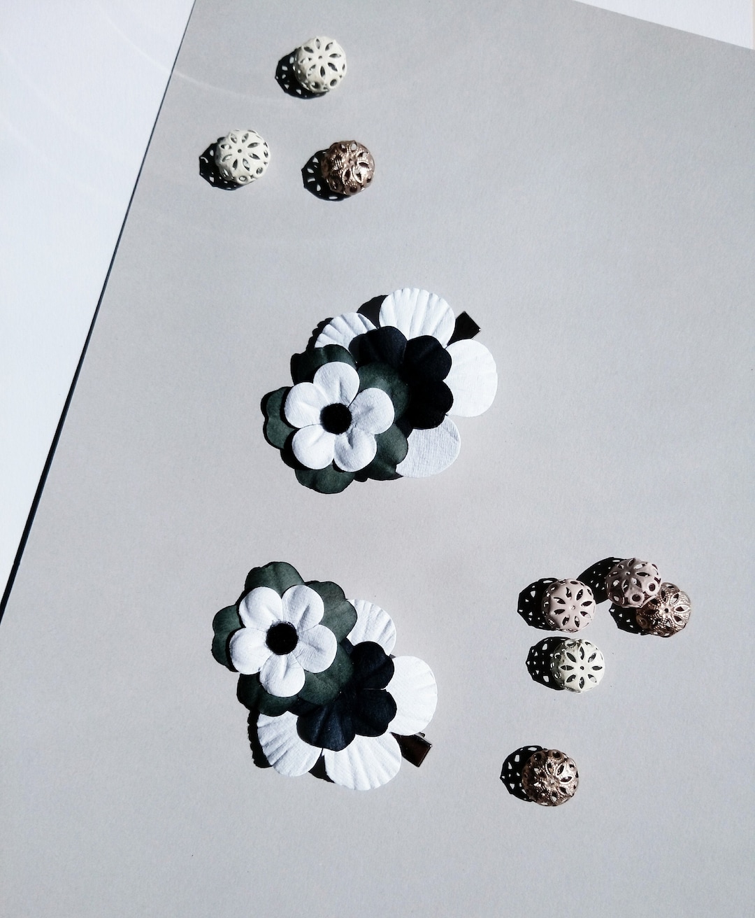 Black White and Gray Paper Flower Hair Clips Metal Hair Clips Etsy