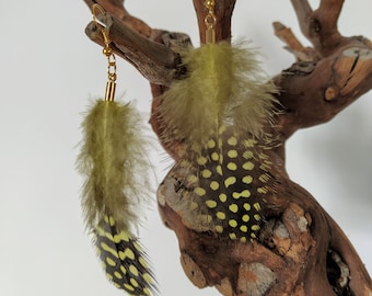 Dangling earrings for women, yellow and black feather