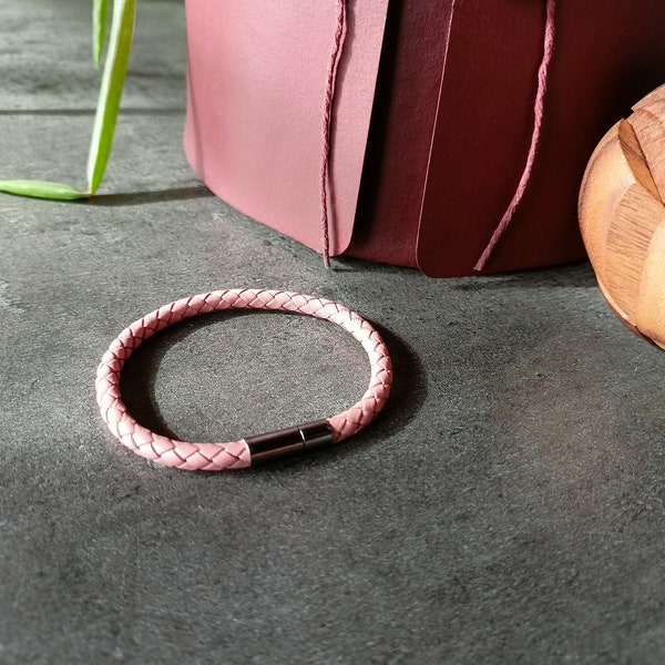 Pink braided leather bracelet for women