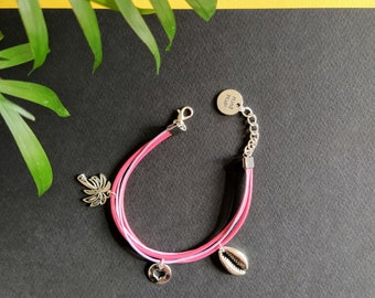 Pink leather link bracelet and metal charms for women