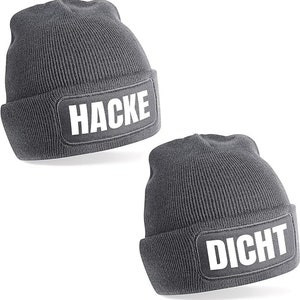 Herzbotschaft 2er Set Partner Beanie Strickmütze mit Spruch HACKE DICHT Farbwahl Unisex Mütze Skimütze Apres Ski Wintermütze ApresSki grau