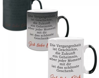 Farbwechseltasse mit Motiv Modell: Die Vergangenheit ist Geschichte (SCHWARZ)