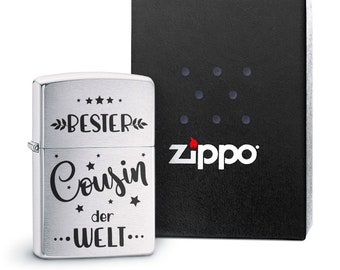 ZIPPO Feuerzeug mit Gravur - Chrom Brushed - BESTER COUSIN - Geschenkidee: optional mit individueller Rückseitengravur / Wunschgravur