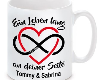 Tasse Modell: Herz Infinity mit Wunschnamen und Datum