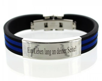 Kautschuk Armband mit Edelstahl Gravurplatte und Wunschgravur // Blau