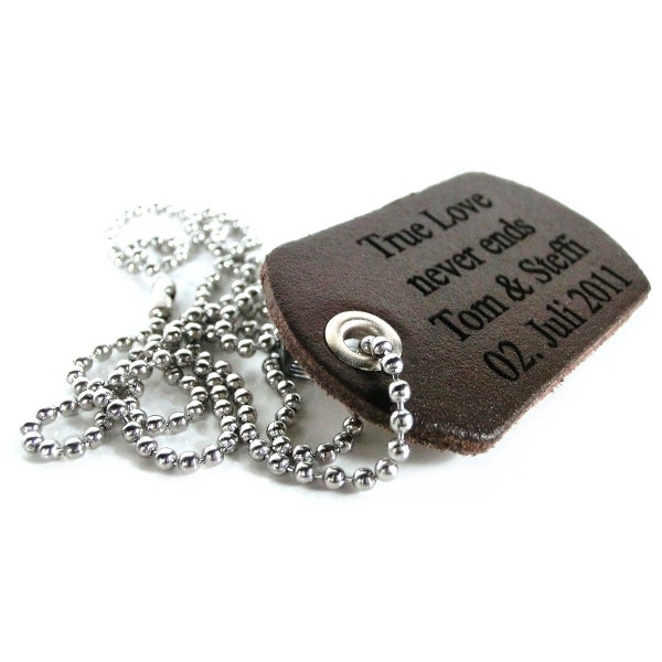 Leder Dog Tag mit Gravur | Anhänger mit Wunschtext | Halskette personalisiert | Farbauswahl