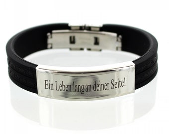 Kautschuk Armband mit Edelstahl Gravurplatte und Wunschgravur // Schwarz