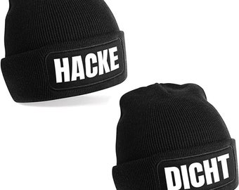 Herzbotschaft 2er Set Partner Beanie Strickmütze mit Spruch HACKE DICHT | Farbwahl | Unisex Mütze Skimütze Apres Ski Wintermütze ApresSki