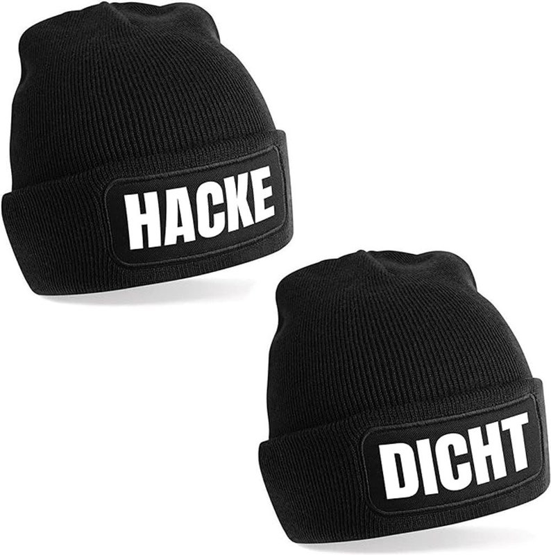 Herzbotschaft 2er Set Partner Beanie Strickmütze mit Spruch HACKE DICHT Farbwahl Unisex Mütze Skimütze Apres Ski Wintermütze ApresSki schwarz