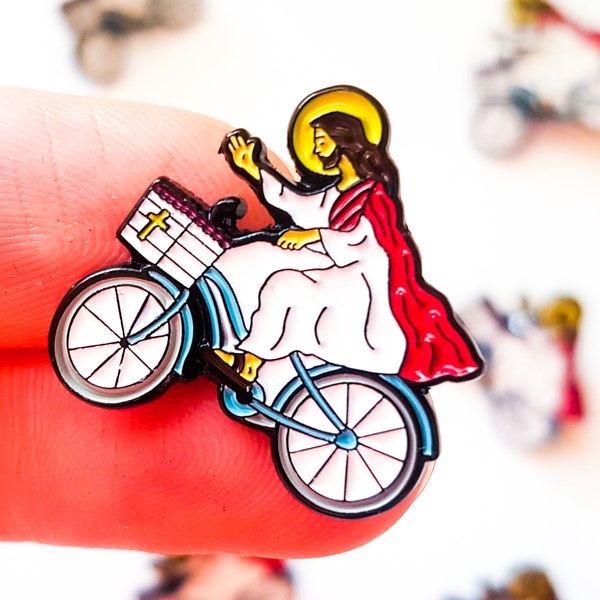 Jesus Christ on a Bike Soft Enamel Pin + Vinyl Sticker Decal / Newfoundland Labrador jewelry accessory saying art craft come from away