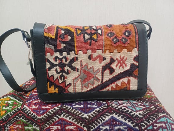 Handcrafted Leather Kilim Bag: Turkish Woven Crossbody