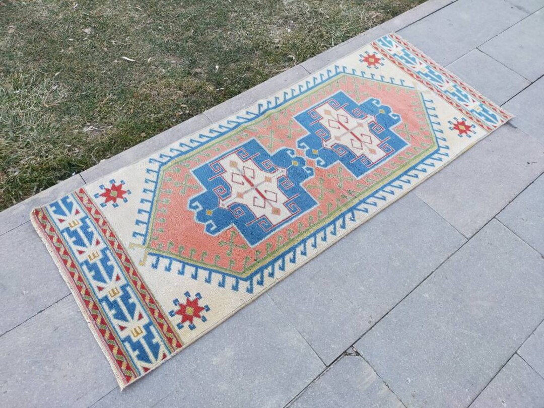 Vintage Blue Rug Runner Handmade Runner Rug Turkish Oushak Etsy