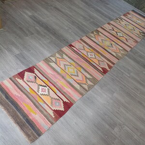 May include: A long, narrow rug with a pink, red, yellow, and blue geometric pattern. The rug has a fringe on both ends.