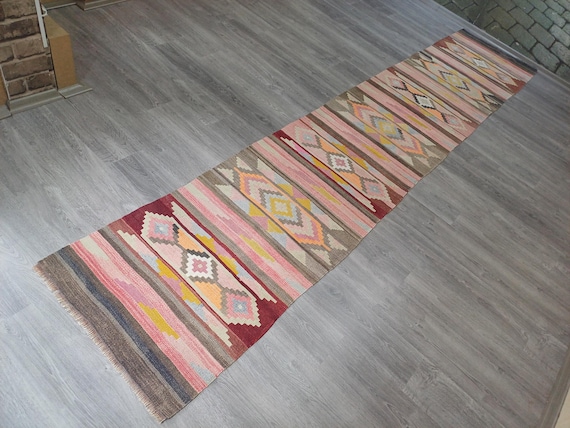 Handmade Vintage Turkish Runner Rug: Red & Pink Hallway Decor (2'5x13'2 ft)