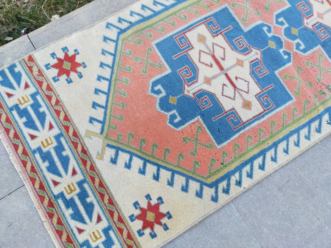 Vintage Blue Rug Runner Handmade Runner Rug Turkish Oushak Etsy