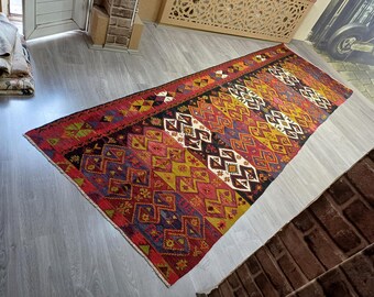 Vintage Wool Kilim Runner Rug: Turkish Oushak Style (4'3x14'1 ft)