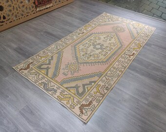 Handmade Pink Turkish Oushak Rug, Vintage Wool Carpet (4x8'6 ft)