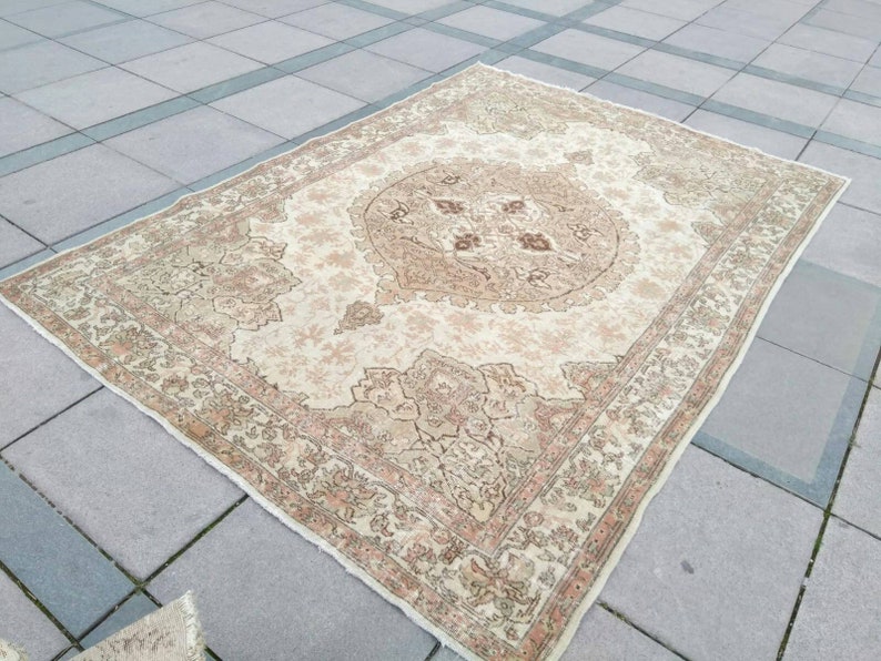 Vintage Large Turkish Rug Oushak Handmade Big Area Rugs Hand Woven Beige 7x9 9 Feet