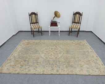 Vintage türkische Oushak Teppich 132 x 234 cm Beige Weich Blau Floral Medaillon Wolle Bereich Teppich
