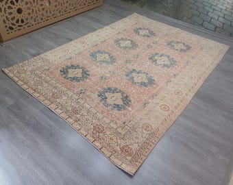 Large Vintage Turkish Oushak Rug: Handmade Wool Medallion Rug (6'7x9'9)