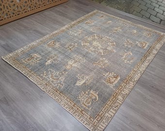 Vintage handgemaakt Turks oushak-tapijt, groot wollen vloerkleed (6'0 x 8'7 ft)