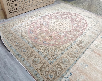Vintage Handmade Turkish Oushak Rug: Large Medallion Area Rug (8'2x11'5)