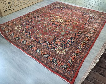 Large Red Oushak Rug: Vintage Turkish Carpet (8'7x11'5 ft)