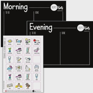 May include: A black magnetic chore chart set for children, with "Morning" and "Evening" sections, each with a "To Do" and "Done" checklist. Includes a sheet of colourful magnets depicting daily tasks. The brand logo "PREPP'D Kids" is visible on the chart.