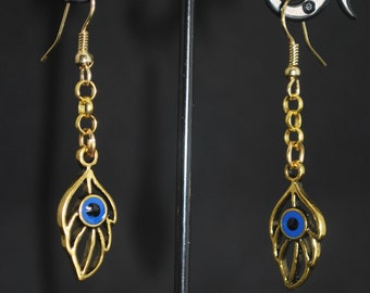 Boucles d'oreille feuille dorée et oeil de Fatima