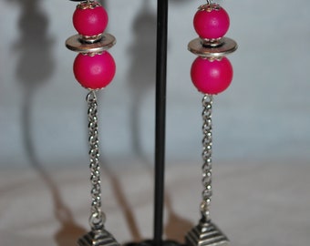Long earrings with pink and silver top pendant.