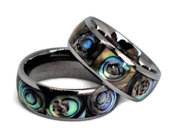 Hartmetall Abalone Muschel Ring, Hochzeit Silber Herren Damen, Wolfram Abalone Ring, Abalone Ring, einzigartige Jubiläum Versprechen Ring.