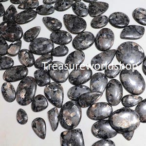 Könnte beinhalten: Eine Sammlung von schwarzen und silbernen Edelstein-Cabochons in verschiedenen Formen und Größen. Die Steine haben ein gesprenkeltes, irisierendes Aussehen.