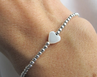 Ball bracelet 925 silver with mother-of-pearl heart | elastic beaded bracelet