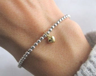 Ball bracelet 925 silver with 333 gold heart pendant | 3mm beads